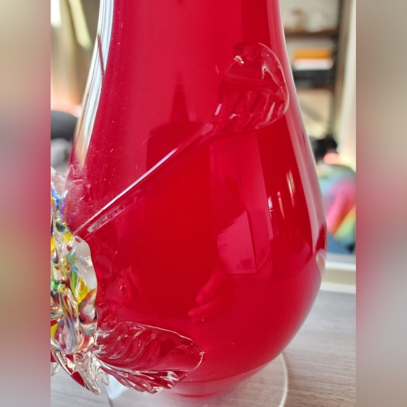 Used VINTAGE MID CENTURY TIVOLI MURANO APPLIED FLOWERS RED ART GLASS VASE - Picture 8 of 13